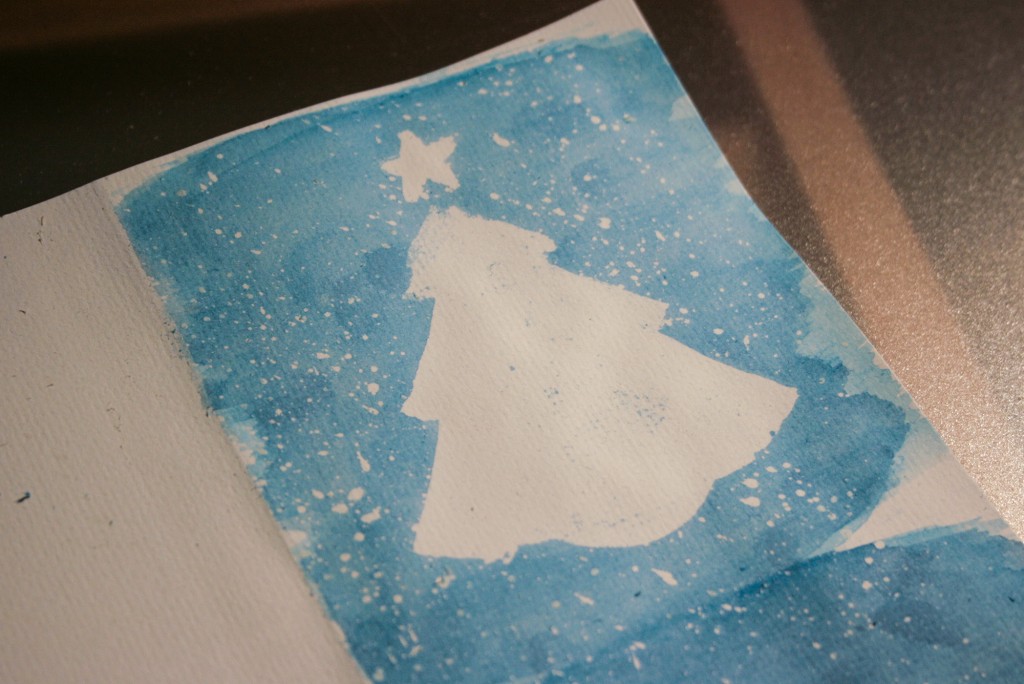Watercolour christmas cards - a card with all the masking fluid removed