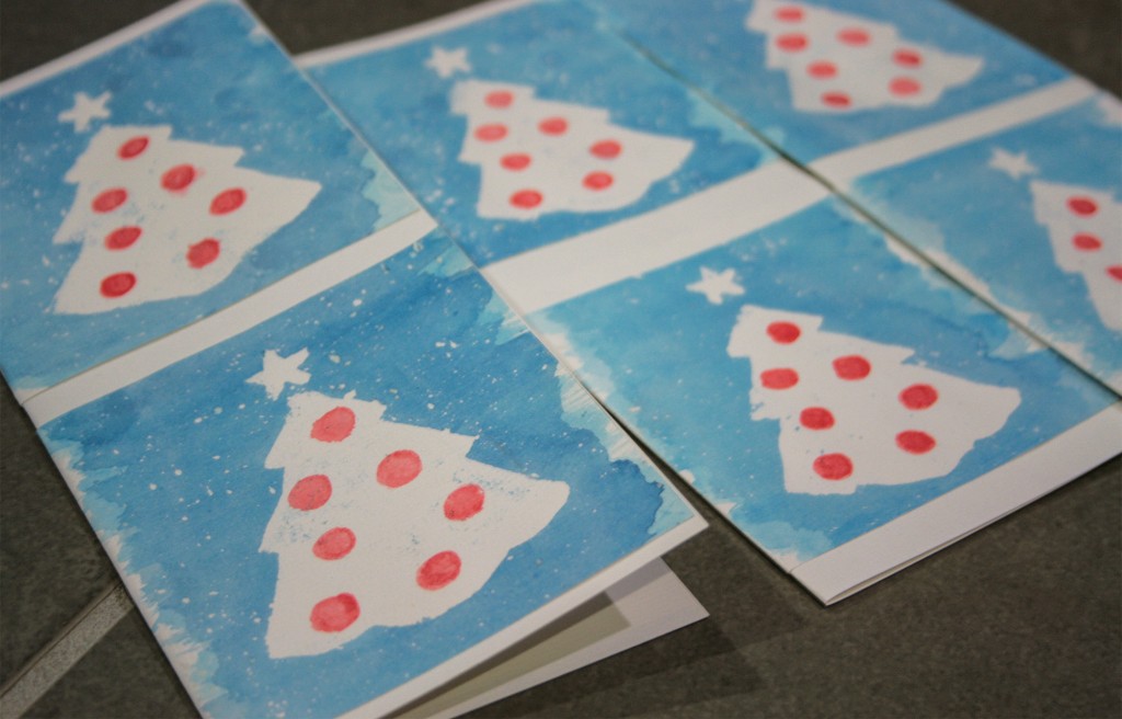 Watercolour christmas cards - sticking the inside paper into the cards