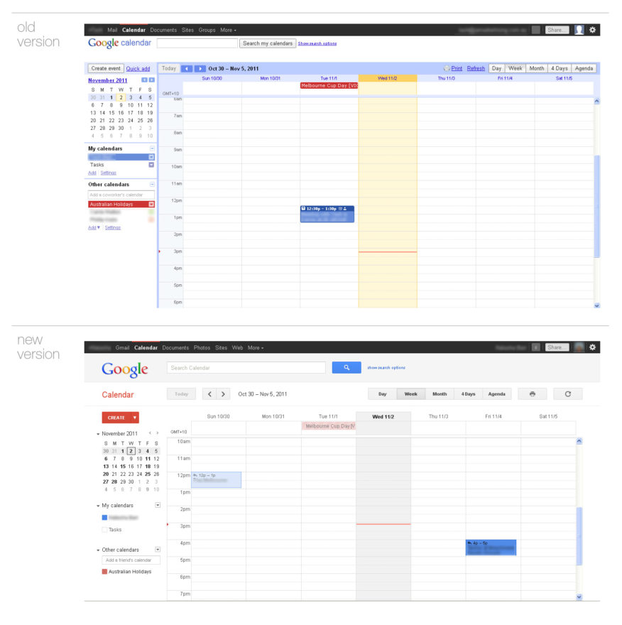 Google Calendar - comparison of old and new
