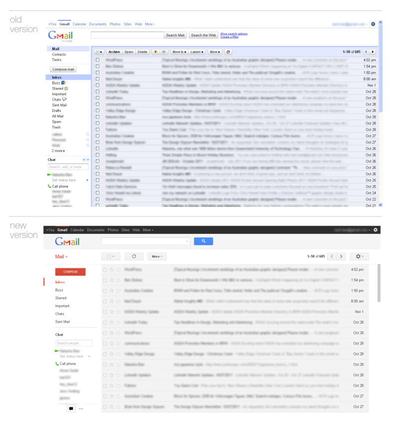 Gmail - comparison of old and new gmails