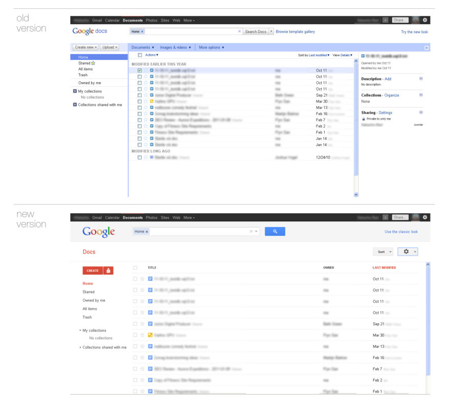Google Docs - old and new comparison