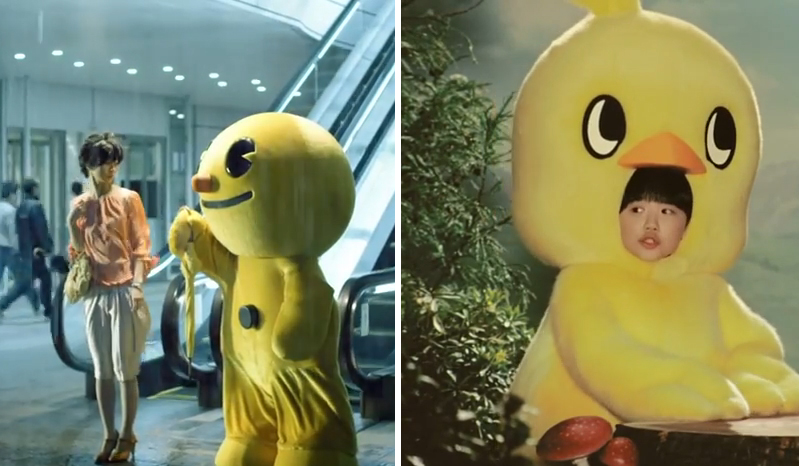 Japanese Design - Two (yellow) examples of costumes of characters used in ads - either fully covered or with a face sticking out the front. Depends on whether the character is talking/singing or not